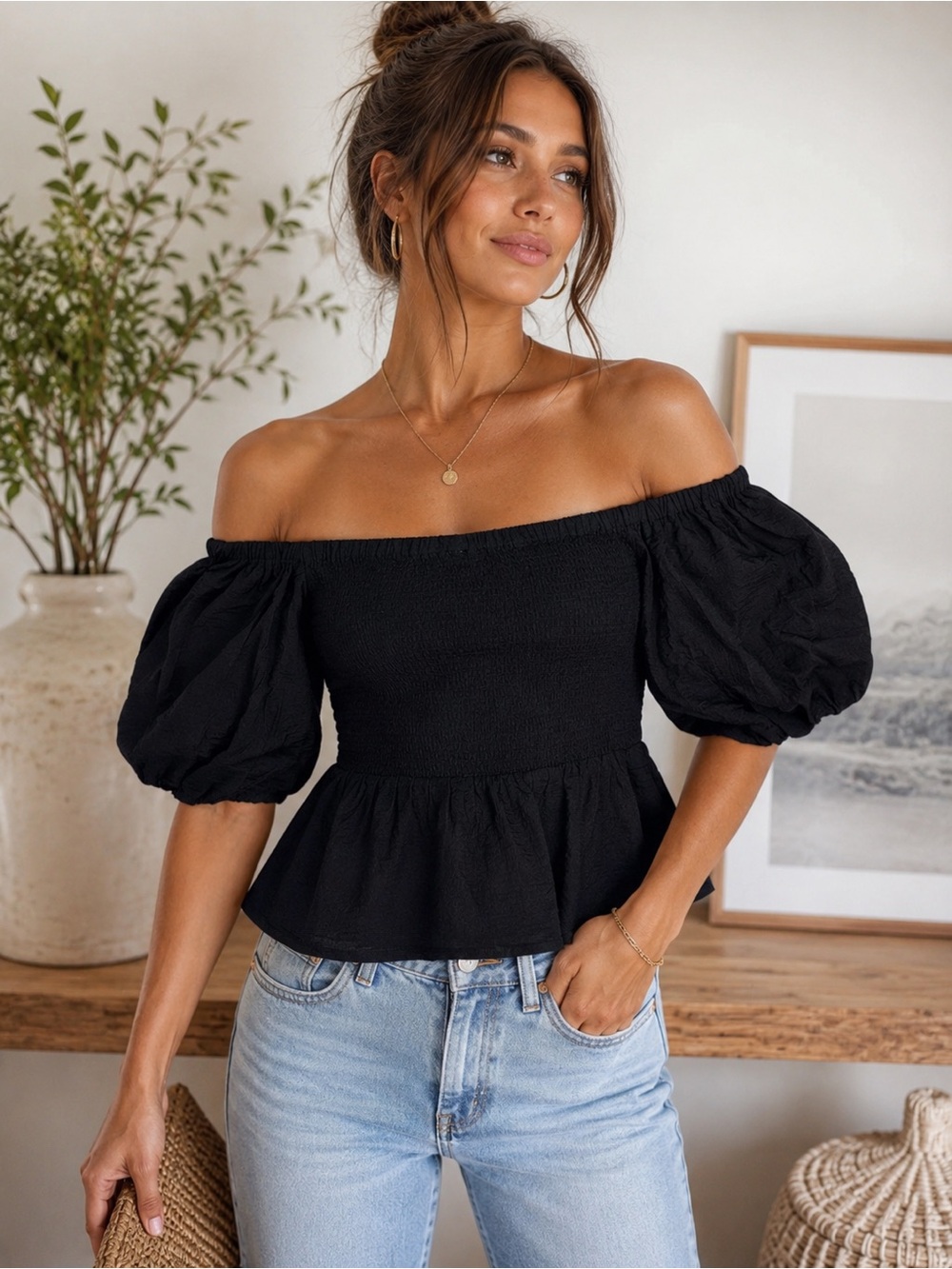 NWT Open Edit Black Smocked Off Shoulder Puff Sleeve Peplum Top XS